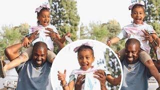 Cute!! DadYe & Northie : Kanye West and North West moment cute at the Yeezy Pop-Up stand