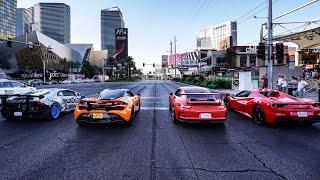 WORLD’S GREATEST DRAG RACE! EXOTIC RENTAL CARS LAUNCH DOWN LAS VEGAS BLVD! *LAMBORGHINI NEAR CRASH*