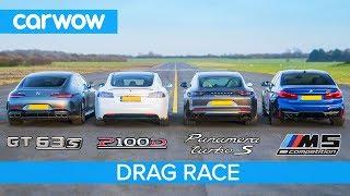 Tesla Model S v AMG GT 4 v BMW M5 v Porsche Panamera Turbo S - DRAG RACE, ROLLING RACE & BRAKE TEST