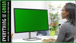 Woman looking led screen monitor Green Screen after effects Premiere pro Chroma Key Royalty Free